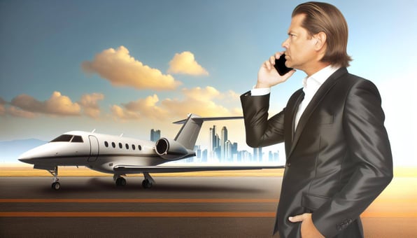 A photographic image showing a white businessman speaking into a cell phone outside of a private jet on the runway